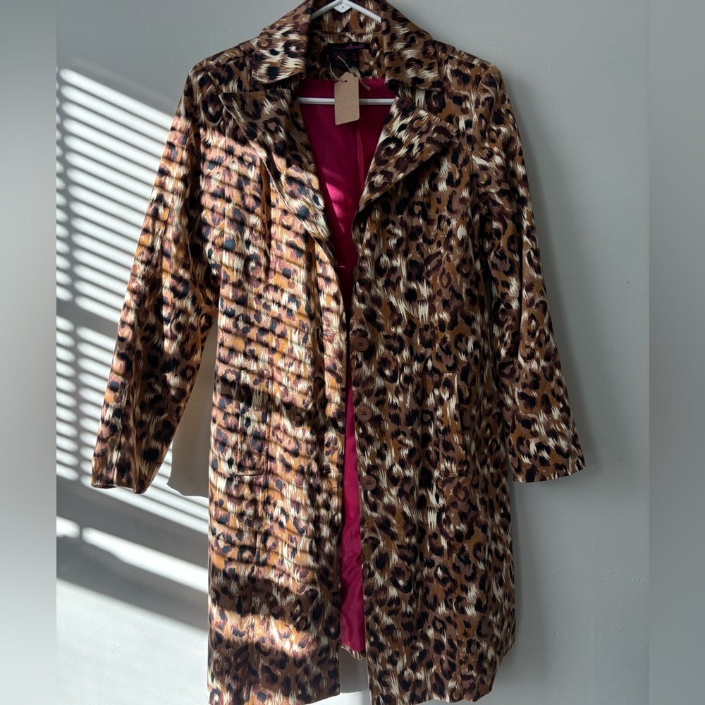 Y2K Retro Leopard Animal Print Midi Streetwear Trench Indie Coat - Size Medium - Picture 7 of 12